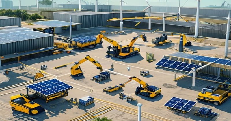 A photorealistic aerial view of a modern construction site featuring electric excavators and heavy machinery with prominent c